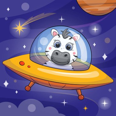 Uzay gemisinde şirin bir karikatür zebra. Uzayda yıldızlı ve gezegenli mavi bir arka plandaki bir hayvanın vektör çizimi.