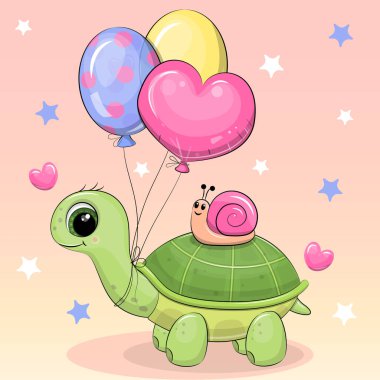 Balonlu ve salyangozlu şirin bir kaplumbağa. Pembe arka planda, kalbi ve yıldızları olan bir hayvanın vektör çizimi.