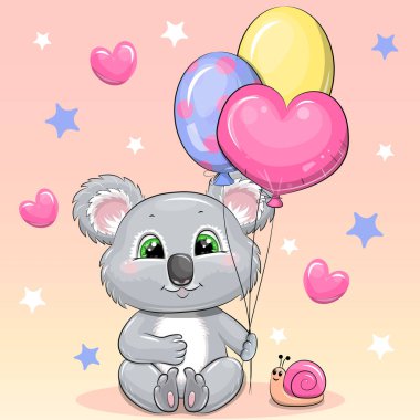 Balonlu ve salyangozlu şirin koala çizgi filmi. Pembe arka planda, kalbi ve yıldızları olan bir hayvanın vektör çizimi.
