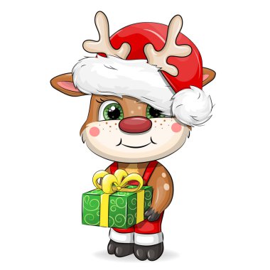 Noel Baba şapkası takmış şirin bir karikatür geyiği. Beyaz arkaplandaki hayvanın Chtistmas vektör illüstrasyonu. 