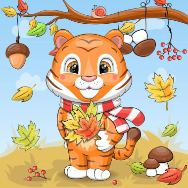 Kırmızı eşarplı şirin çizgi film kaplanı. Bulutlu mavi bir arkaplanda sonbahar vektör illüstrasyonu.