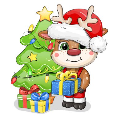 Noel Baba şapkalı şirin bir karikatür geyiği mavi bir hediye tutar ve Noel ağacının yanında durur. Beyaz arkaplanda yeni yıl hayvan vektör illüstrasyonu.