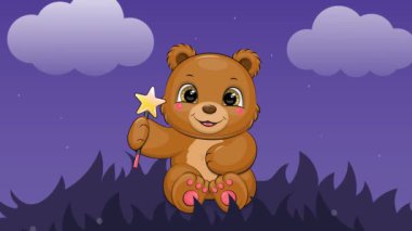 Sihirli değnekli şirin çizgi film ayısı. Gece, hayvanlarla, yıldızlarla ve bulutlarla döngü halindeydi..