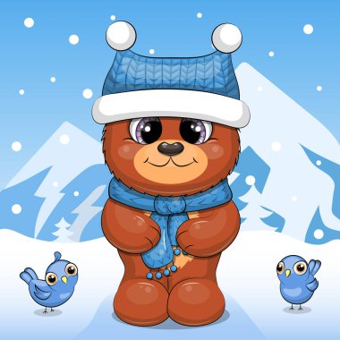 Mavi şapkalı ve atkılı şirin bir çizgi film ayısı dağlarda duruyor. Mavi arkaplan karında kış vektör çizimi.