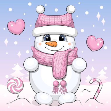 Pembe atkı ve şapka takan sevimli kardan adam. Mavi ve pembe arka planda Noel ve kış vektör illüstrasyonu.