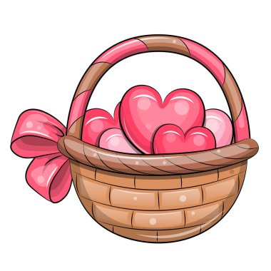 Pembe kurdeleli ve kalpli şirin bir çizgi film sepeti. Beyaz arkaplanda sevgililer günü vektör çizimi.