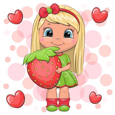 Kırmızı çilekli tatlı çizgi film kızı. Kırmızı arka planda kalbi olan küçük bir kadının vektör çizimi.