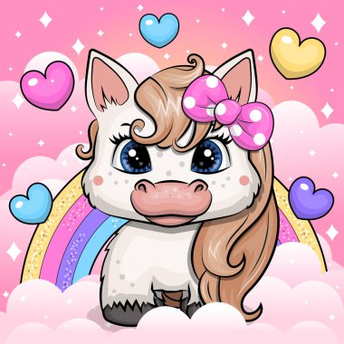 Pembe fiyonklu şirin bir midilli. Pembe arka planda gökkuşağı ve kalpleri olan bir hayvanın vektör çizimi.