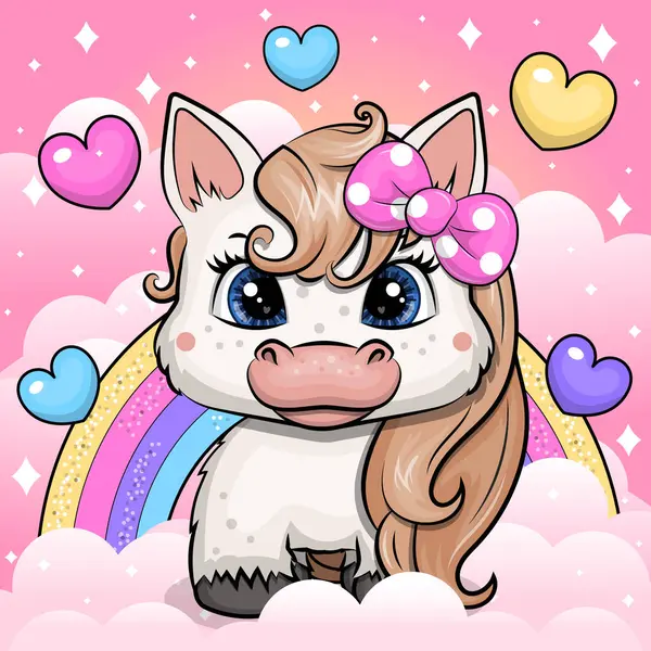 Pembe fiyonklu şirin bir midilli. Pembe arka planda gökkuşağı ve kalpleri olan bir hayvanın vektör çizimi.