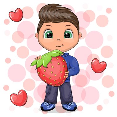 Kırmızı çilekli şirin çizgi film çocuğu. Kırmızı arka planda kalbi olan bir adamın vektör illüstrasyonu.