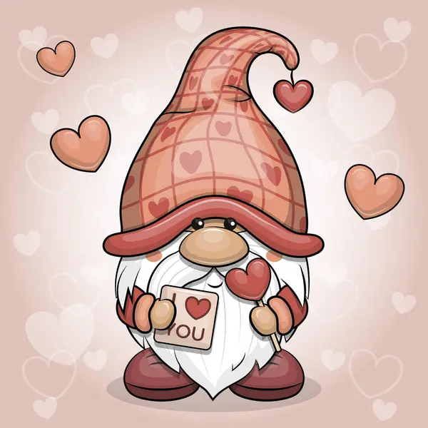 Kalp şeklinde şeker ve kartı olan sevimli çizgi film cücesi. Bir cücenin Valentine vektör çizimi.