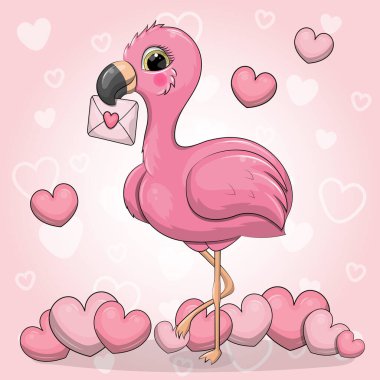 Sevimli pembe bir flamingo çizgi filmi bir aşk mektubu tutar. Pembe arka planda kalbi olan bir hayvanın vektör çizimi.