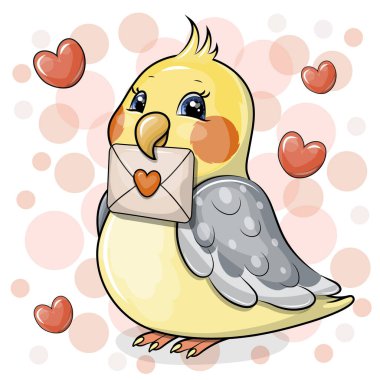 Sevimli bir papağan aşk mektubu tutar. Kırmızı noktalı beyaz arka planda bir hayvanın ve kırmızı kalplerin vektör çizimi.