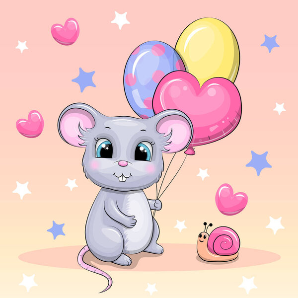 Милая мультяшная мышь с шариками и улиткой. Векторная иллюстрация животного на розовом фоне с сердцами и звездами.