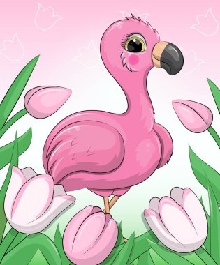 Laleli şirin bir flamingo çizgi filmi. Pembe arka planda hayvan ve çiçeklerin bahar vektör çizimi.