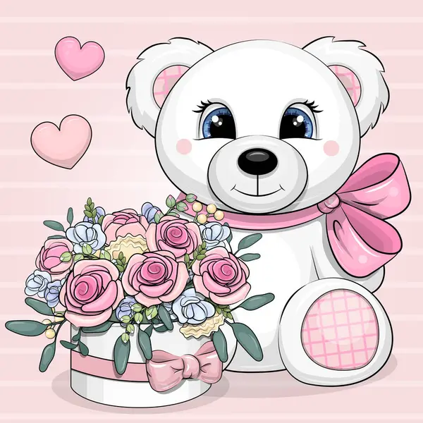 Bir buket gülü olan şirin çizgi film beyaz ayısı. Pembe arka planda bir hayvanın vektör çizimi.