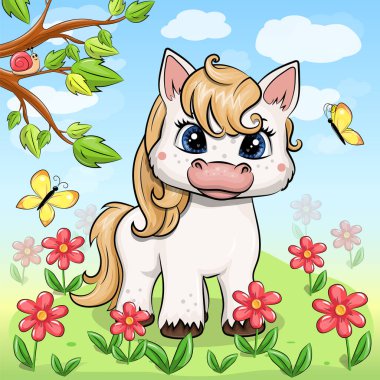 Doğada şirin bir çizgi film atı. Çiçekli, kelebekli, dallı ve mavi gökyüzlü bir hayvanın vektör çizimi.