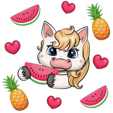 Meyve çerçevesinde karpuz olan şirin bir çizgi film atı. Beyaz arka planda elmalı, çilekli, karpuzlu, kelebekli ve kalbi olan bir hayvanın yaz vektör çizimi.