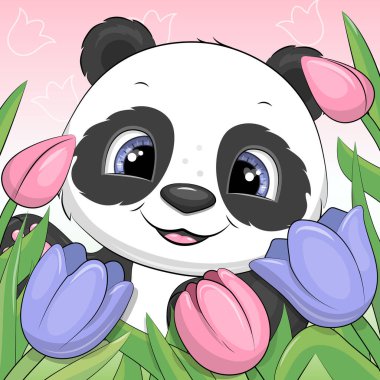 Laleli şirin çizgi film pandası. Pembe arka planda hayvan ve çiçeklerin bahar vektör çizimi.