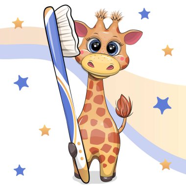 Çizgi Penguen Büyük Diş Fırçası Tutuyor. Renkli Yıldız Arkaplanı Üzerine Vektör Hayvan Resimleri.