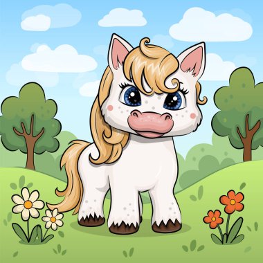 Doğada şirin beyaz midilli çizgi filmi. Kırmızı çiçekli, yeşil çimenli ve ağaçlı bir hayvanın vektör çizimi.