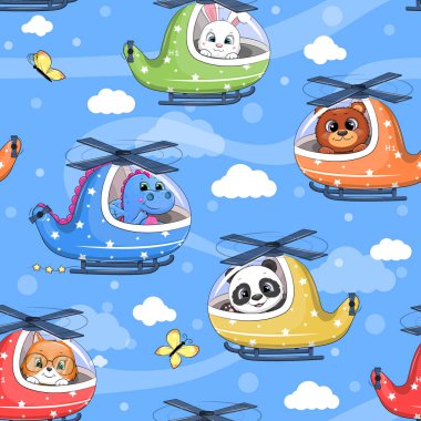 Gökyüzünde farklı Hayvanlar olan Sevimli Çizgi Film Helikopterleri ile Kusursuz Desen. Mavi arkaplanda vektör illüstrasyonu.