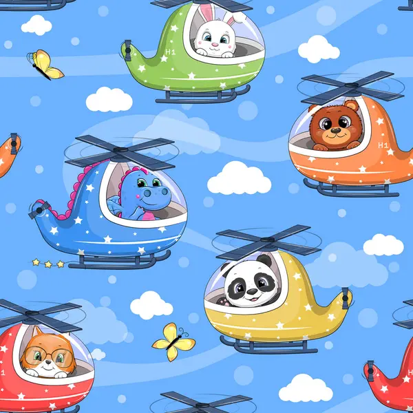 Gökyüzünde farklı Hayvanlar olan Sevimli Çizgi Film Helikopterleri ile Kusursuz Desen. Mavi arkaplanda vektör illüstrasyonu.