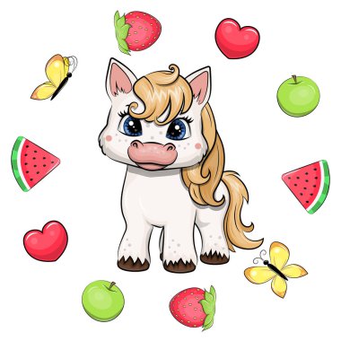 Meyve çerçevesi içinde şirin bir çizgi film atı. Beyaz arka planda elmalı, çilekli, karpuzlu, kelebekli ve kalbi olan bir hayvanın yaz vektör çizimi.