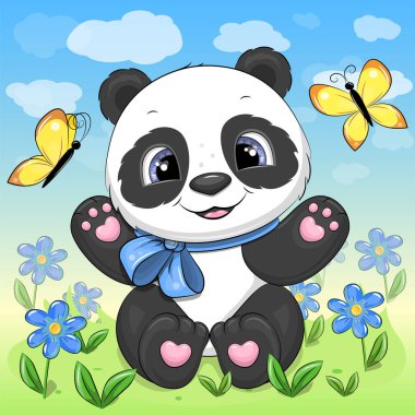 Kelebeklerle Bahar Sahası 'nda Mavi Kurdeleli Sevimli Panda. Mavi Arkaplanda Bir Hayvanın Vektör ResmiComment.