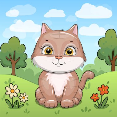 Doğadaki sevimli çizgi film kedisi. Kırmızı ve beyaz çiçekli, çimenli ve ağaçlı bir hayvanın vektör çizimi.