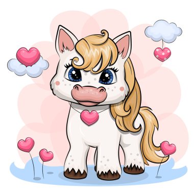 Kalpli şirin beyaz midilli çizgi filmi. Bir hayvanın vektör çizimi.