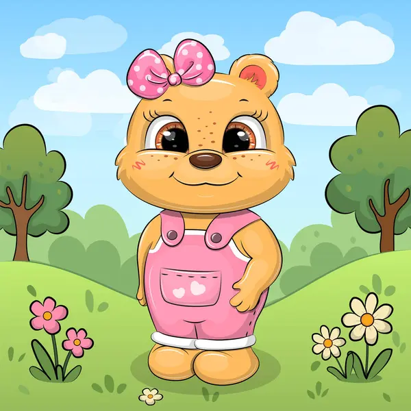 Doğada sevimli bir çizgi film karakteri. Pembe ve beyaz çiçekli, çimenli ve ağaçlı bir hayvanın vektör çizimi.