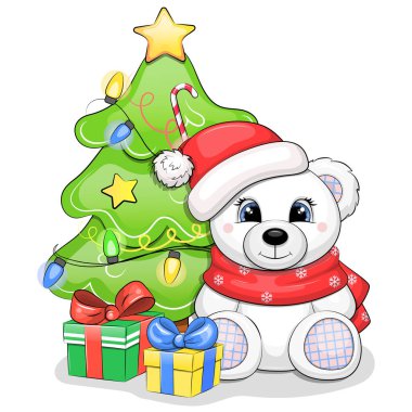 Noel Baba 'nın şapkasında beyaz ayı oyuncağı ve Noel ağacının yanında kırmızı bir eşarp var. Beyaz arkaplanda yeni yıl hayvan vektör illüstrasyonu.
