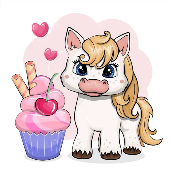 Kirazlı kekle birlikte beyaz at çizgi filmi. Pembe arka plandaki hayvanın vektör çizimi.