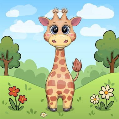 Doğadaki Şirin Karikatür Zürafası. Kırmızı ve beyaz çiçekli, çimenli ve ağaçlı bir hayvanın vektör çizimi.