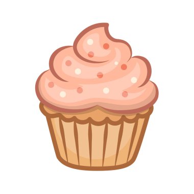 Pembe Kremalı ve Şekerli Şirin Vektör Kek. Kawaii Tarzı Tatlı Çizimi.