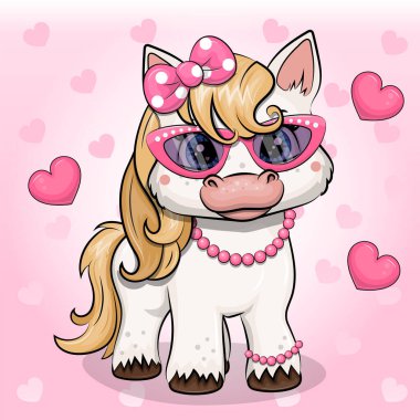 Pembe gözlüklü, kolyeli, bilezik ve saç fiyonklu şirin bir Beyaz Midilli. Pembe arka planda kalbi olan hayvanlı Vektör İllüstrasyonu.