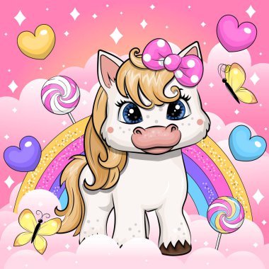 Beyaz Midilli adında şirin bir çizgi film pembe bir bulutun üzerinde duruyor. Pembe arka planda bulutlu, kalpli, kelebekli ve gökkuşaklı bir hayvanın vektör çizimi.