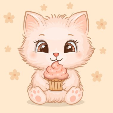 Tatlı Çizgi Film Kedisi ve Cupcake. Sarı arka planda çiçekli bir kedinin Kawaii Vektör İllüstrasyonu.