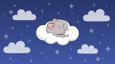Bulutta uyuyan şirin bir çizgi roman. Yıldızlı ve bulutlu mavi arkaplanda gece vektör çizimi.