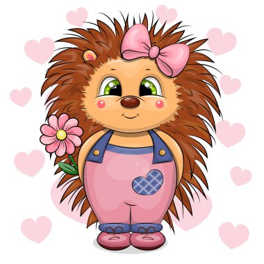 Pembe çiçekli ve saç fiyonklu şirin bir Kirpi çizgi filmi. Beyaz arka planda pembe kalpli hayvanlı Vektör İllüstrasyonu.