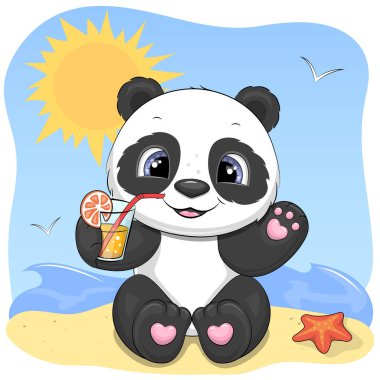 Sahilde limonata tutan şirin Çizgi Film Pandası. Yaz hayvan vektör illüstrasyonu.