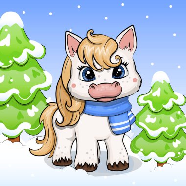 Doğada mavi eşarplı şirin çizgi film atı. Yeşil köknar ve mavi zemin üzerinde beyaz kar olan bir hayvanın kış vektör çizimi.