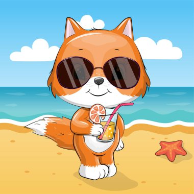 İçkili ve sahilde güneş gözlüklü şirin bir Fox çizgi filmi. Deniz, güneş, kum ve deniz yıldızlarıyla yaz hayvan tasviri.