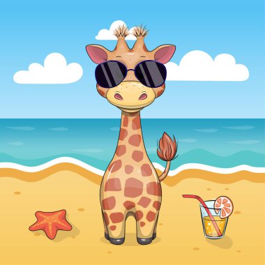 Plajda içki ve güneş gözlüğü olan şirin bir zürafa. Deniz, güneş, kum ve deniz yıldızlarıyla yaz hayvan tasviri.