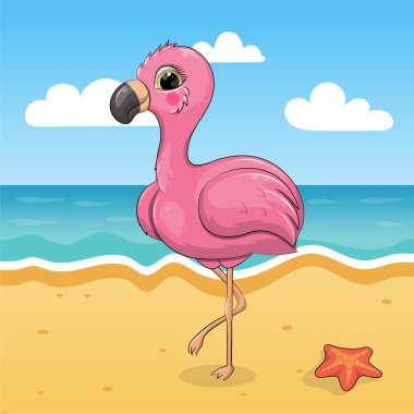 Plajda şirin bir pembe Flamingo çizgi filmi. Deniz, güneş, kum ve deniz yıldızlarıyla yaz hayvan tasviri.
