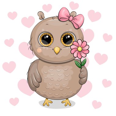 Pembe saçlı ve çiçekli şirin Çizgi Baykuş. Beyaz arka planda pembe kalpli hayvanlı Vektör İllüstrasyonu.