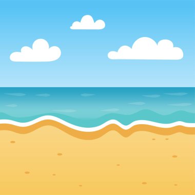 Deniz ve Kum ile Tatlı Çizgi Roman Yaz Manzarası. Plaj vektör illüstrasyonu.