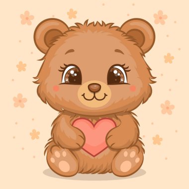Kırmızı kalpli sevimli Fluffy Karikatür Bebek Ayı karakteri. Yumuşak şeftali rengi arka planda çiçekli hayvanın vektör çizimi.