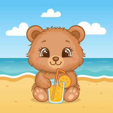 Plajda içki içen sevimli bir oyuncak ayı. Deniz, güneş, kum ve deniz yıldızlı yaz hayvan vektör illüstrasyonu.